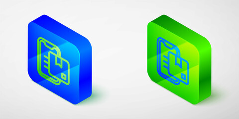 Isometric line Document tracking marker system icon isolated grey background. Parcel tracking. Blue and green square button. Vector