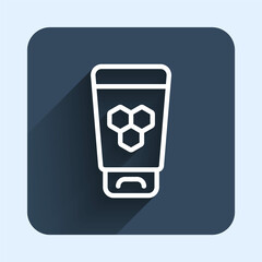 White line Cosmetic tube with honey icon isolated with long shadow background. Natural skin care. Blue square button. Vector