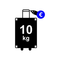 Suitcase on wheels with tag sign. Ten kilograms for an additional price in euros. illustration