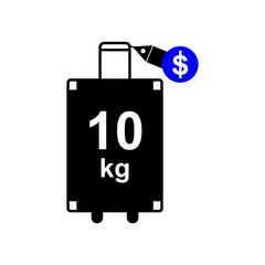 Suitcase on wheels with tag sign. Ten kilograms for an additional dollar price. illustration
