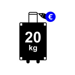 Suitcase on wheels with tag sign. Twenty kilograms for an additional price in euros. illustration