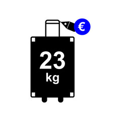 Suitcase on wheels with tag sign. Twenty-three kilograms for an additional Euro price illustration