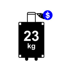Suitcase on wheels with tag sign. Twenty-three kilograms for an additional dollar price. illustration