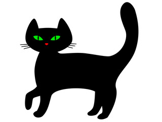 Drawn black cat with greens isolated on white background.