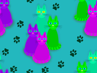 Seamless pattern with colored cats on a blue background.