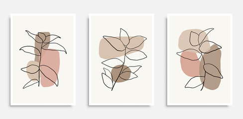 Botanical wall art vector set. Foliage line art drawing with abstract hand drawn shapes. Abstract Plant Art design for print, cover, wallpaper, Minimal and natural wall art. Vector illustration.