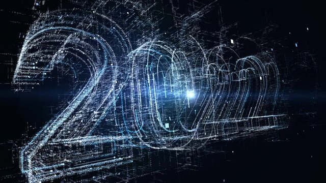 3D generated animation: New year 2022 greeting glowing text number and particles animation