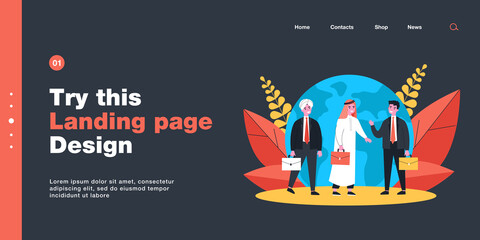 Obraz premium Indian, Arab and European businessmen in front of globe. Men of different nationalities making deal flat vector illustration. International communication, partnership concept for banner, website