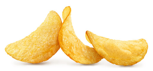 Delicious potato chips, isolated on white background