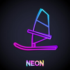 Glowing neon line Windsurfing icon isolated on black background. Vector