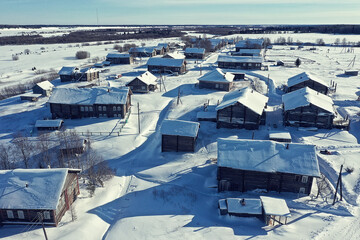 Fototapeta na wymiar kimzha village top view, winter landscape russian north arkhangelsk district