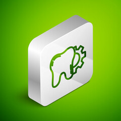 Isometric line Tooth treatment procedure icon isolated on green background. Tooth repair with gear. Silver square button. Vector