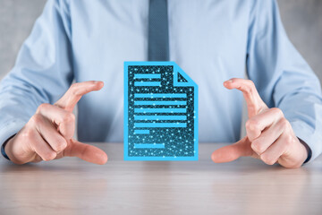 Businessman man holding a document icon in his hand Document Management Data System Business Internet Technology Concept. Corporate data management system DMS.Low poly,polygonal