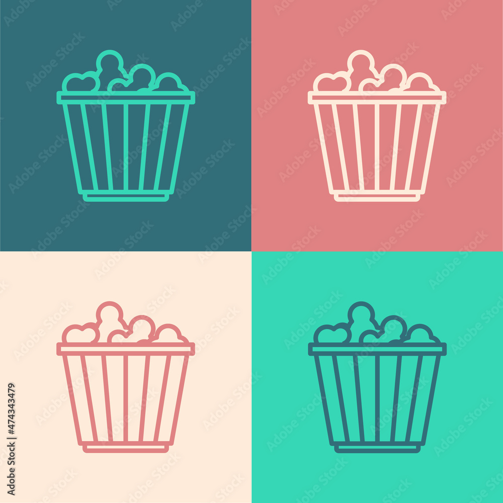 Poster pop art line popcorn in cardboard box icon isolated on color background. popcorn bucket box. vector