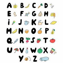 Hand drawing English alphabet set. Letters with pictures.