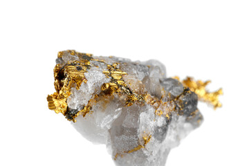 macro mineral stone metal gold in quartz on a white background - obrazy, fototapety, plakaty