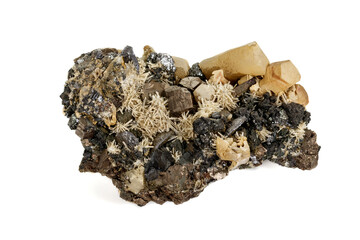 Macro stone mineral Pyrrhotite, quartz, Sphalerite, calcite, Galena on white background