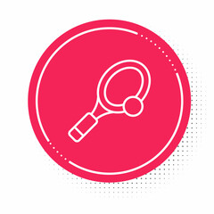 White line Tennis racket with ball icon isolated on white background. Sport equipment. Red circle button. Vector