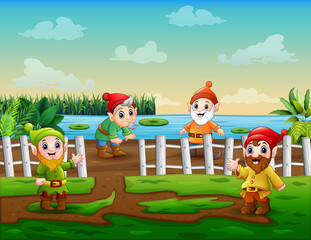 Cartoon illustration of dwarves in the nature background