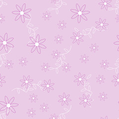 Fototapeta premium Lilac seamless pattern with leaves. Cute white flower on a purple background. Modern classic floral design for textile and print decoration. Bloom and foliage, trendy print on lilac. Vector 