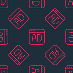 Red line Advertising icon isolated seamless pattern on black background. Concept of marketing and promotion process. Responsive ads. Social media advertising. Vector