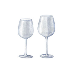 Two empty wineglasses isolated on white. Watercolor illustration. Hand drawn food clipart