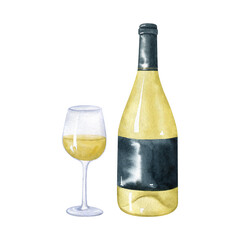 White wine bottle and glass of white wine isolated on white. Watercolor illustration. Hand drawn food clipart. - obrazy, fototapety, plakaty