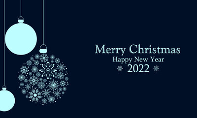 Fototapeta na wymiar Christmas banner with blue snow balls and greeting text. Merry Christmas, Happy New Year 2022. Illustration with copy space.