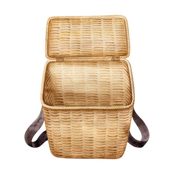 Empty wicker picnic basket with handles and lid isolated on white background. Watercolor illustration, hand drawn clipart.
