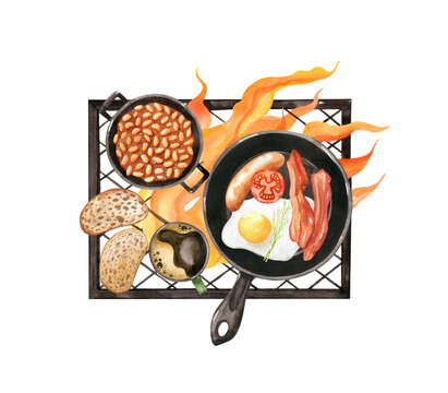 Fried eggs with bacon and sausage in a pan in the forest, boiling beans in saucepan. Food at the camp. Scrambled eggs with bacon on fire. Camping breakfast watercolor illustration isolated on white.