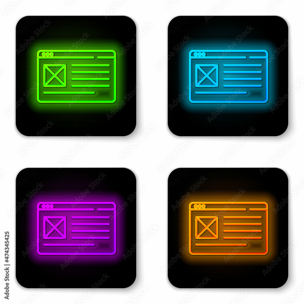 Poster glowing neon line browser window icon isolated on white background. black square button. vector
