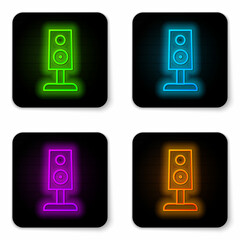Glowing neon line Stereo speaker icon isolated on white background. Sound system speakers. Music icon. Musical column speaker bass equipment. Black square button. Vector