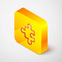 Isometric line Piece of puzzle icon isolated on grey background. Business, marketing, finance, layout, infographics, internet concept. Yellow square button. Vector