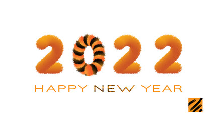 Happy New Year banner 2022. Festive New Year greeting card. Merry Christmas and Happy New Year holiday symbol template. Chinese symbol of 2022. Striped fluffy numbers. Year of the Tiger.