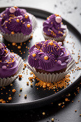 Delicious cupcakes made of sprinkles and purple whipped cream.