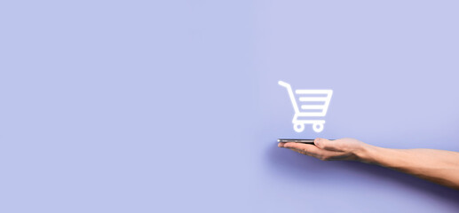 Businessman man holding shopping cart trolley mini cart in business digital payment...