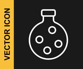 White line Bottle with potion icon isolated on black background. Flask with magic potion. Happy Halloween party. Vector