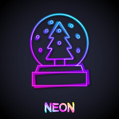 Glowing neon line Christmas snow globe with fallen snow and christmas tree icon isolated on black background. Merry Christmas and Happy New Year. Vector