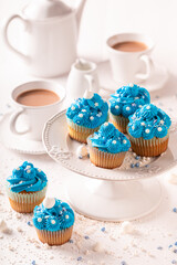 Unique blue cupcakes with flower shaped cream.