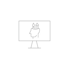 Vector outline symbol suitable for internet pages, sites, stores, shops, social networks. Editable stroke. Line icon of pencil and paintbrush over head on monitor of modern computer