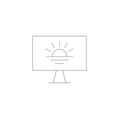 Vector outline symbol suitable for internet pages, sites, stores, shops, social networks. Editable stroke. Line icon of rising sun on sea on monitor of modern computer
