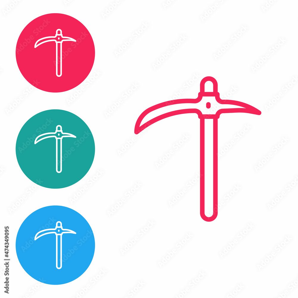 Poster red line pickaxe icon isolated on white background. set icons in circle buttons. vector