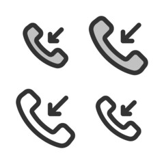 Pixel-perfect linear icon of handset with incoming arrow (incoming call) built on two base grids of 32 x 32 and 24 x 24 pixels. The initial base line weight is 2 pixels. Editable strokes