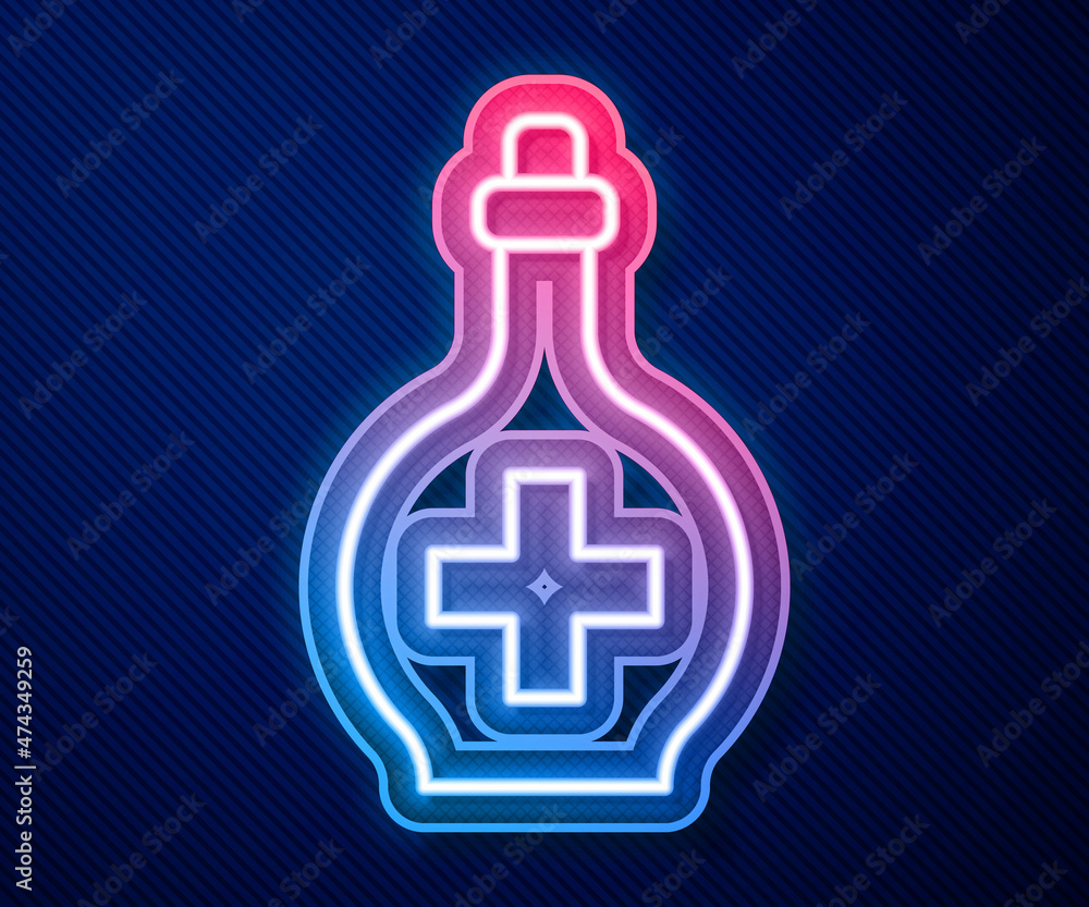 Poster glowing neon line bottle with potion icon isolated on blue background. flask with magic potion. happ