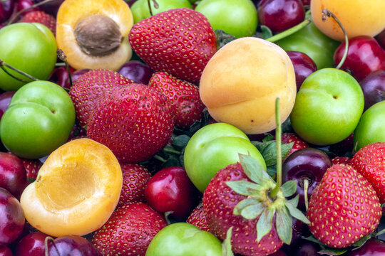 Fresh Summer fruit background. Ripe strawberry, apricot, cherry, green plum close up image.