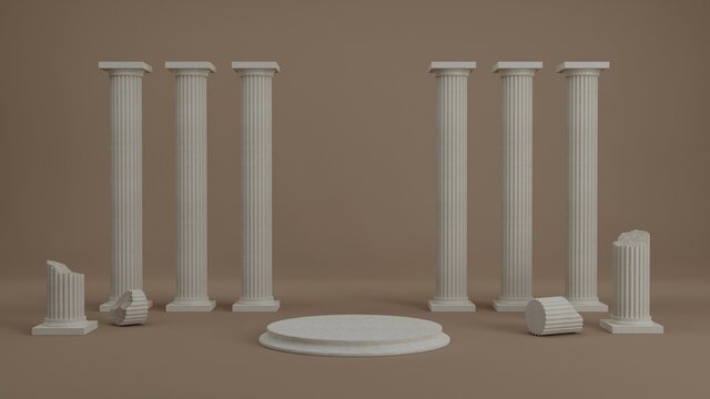 Product display podium with minimal ancient Greek style colonnade roman column Minimal scene in beige room or hall with colonnade classic columns for product promotion or cosmetic product show 3D rend