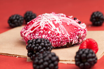 one red cake with a creamy white filling