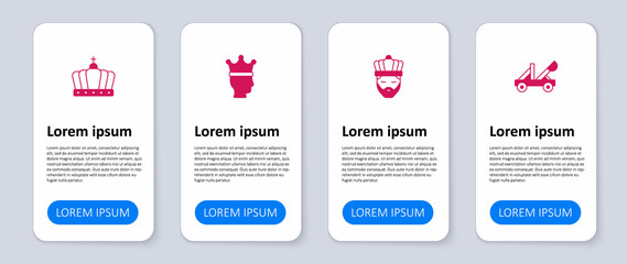 Set Medieval catapult, King with crown, and . Business infographic template. Vector