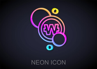 Glowing neon line South Korean won coin icon isolated on black background. South Korea currency business, payment and finance. Vector