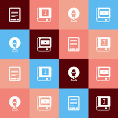 Set pop art E-Book reader, Microphone and about cinema icon. Vector